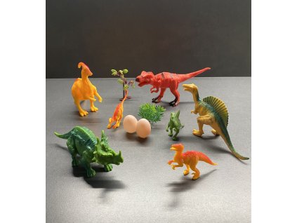 Sada 11 figurek různých dinosaurů a dekorací