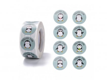 Samolepky na kotoučku kolečka Thank you tučňáci šedá (500 ks)