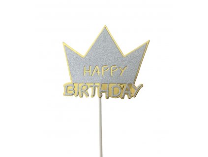 Ozdoba na dort Happy birthday - stříbrná