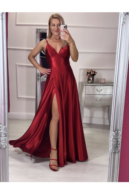 SHINE Dámske spoločensé saténové šaty - červené