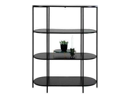 Regál /knihovna ovální, 4 police, kov, dubový vzhled/černý rám, 85x36x111 cm (Barva Přírodní)