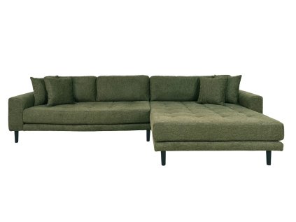 Olivově zelená pohovka , pravý roh se 4 polštáři, černé dřevěné nohy, Lido