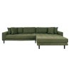 Olivově zelená pohovka , pravý roh se 4 polštáři, černé dřevěné nohy, Lido