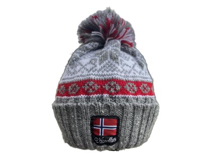 Norská vlněná čepice s bambulí Monstret červeno šedá 01