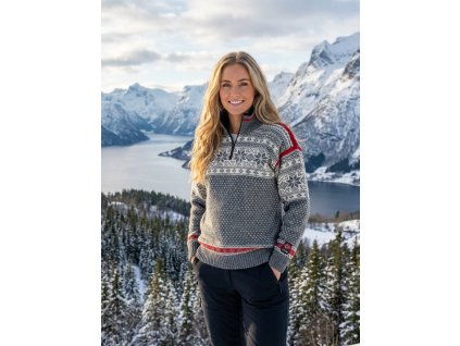 Norský svetr Mønstret šedo červený 01