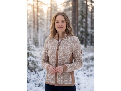 Dámský merino svetr na zip s norským vzorem – RoseCamel 01