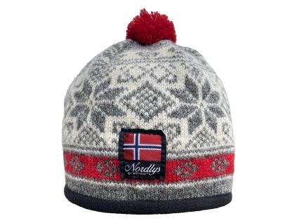 Norská vlněná čepice se střapcem - Mønstret červeno-šedá