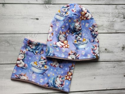 SET Čepice a nákrčník bublinky a jednorožci vel. 54