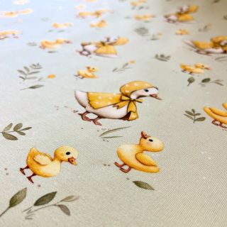 Kačenka ve žlutém kabátku. A kolem ní malé zvědavé kuřátko. Jemný motiv, který vypráví příběh beze slov. O odvaze...