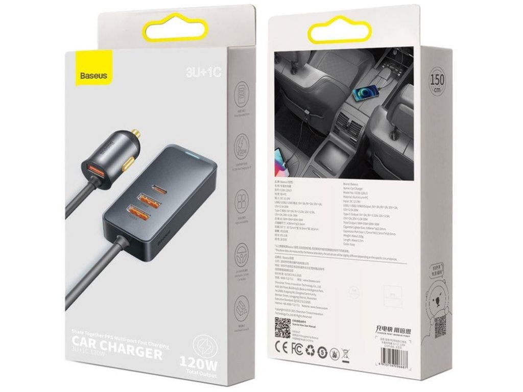 Rýchla nabíjačka do auta Baseus s predlžovacím káblom 3x USB-A, 1x Type-C 120W sivá