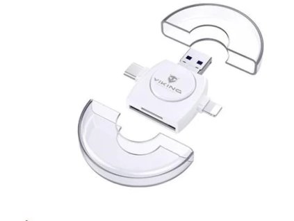 Čítačka pamäťových kariet Viking OTG SD a Micro SD 4 v 1 s konektorom APPLE Lightning / Micro USB / USB 3.0 / USB-C, biela