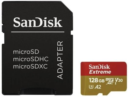 SanDisk Extreme Action Cams and Drones microSDXC 128GB 190MB/s A2 Class 10 V30 UHS-I U3, adaptér
