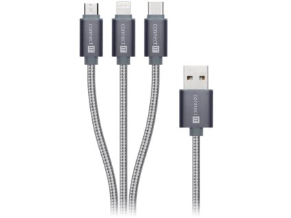 Connect IT Wirez 3v1 USB-C & microUSB & Lightning, strieborná sivá, 1,2 m
