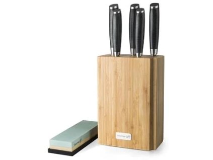 G21 Sada damaškových nožov Gourmet v bambusovom bloku 5 ks brúsnych kameňov