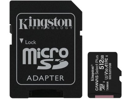 Kingston microSDXC 512GB Canvas Select Plus, UHS-I, U3, V30, čítanie 100 MB/s, zápis 85MB/s) + SD adaptér SDCS2/512GB