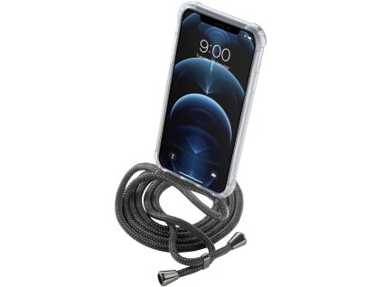 Transparentný zadný kryt Cellularline Neck-Case s čiernou šnúrkou na krk pre Apple iPhone 12 PRO MAX NECKCASEIPH12PRMK