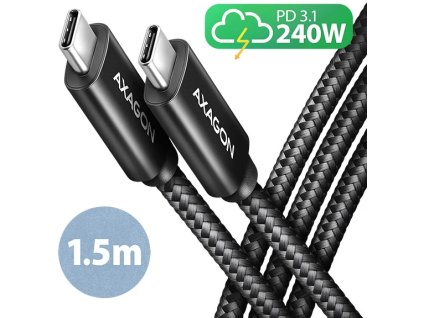 562574 axagon bucm2 cm15ab charge kabel usb c usb c 1 5 m hi speed usb pd 240w 5a alu opletenie cierny