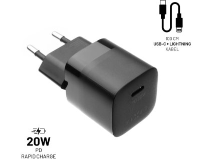 FIXED Mini sieťová nabíjačka s výstupom USB-C a káblom USB-C/Lightning, podpora PD, 1 meter, MFI, 20 W, čierna