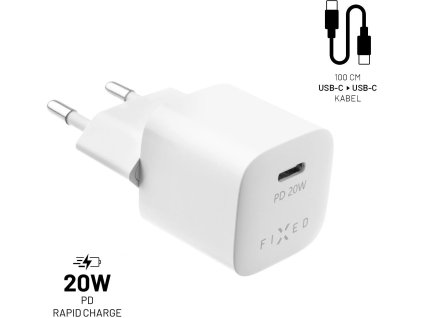 Výstupná nabíjačka FIXED Mini USB-C a sada káblov USB-C/USB-C, podpora PD, 1 meter, 20 W, biela