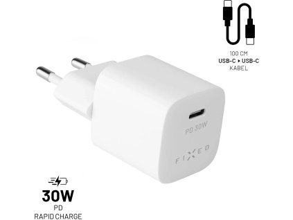 Výstupná nabíjačka FIXED Mini USB-C a sada káblov USB-C/USB-C, podpora PD, 1 meter, 30 W, biela