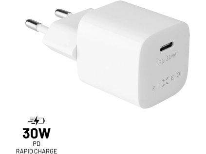 Mini sieťová nabíjačka FIXED s výstupom USB-C a podporou PD, 30 W, biela
