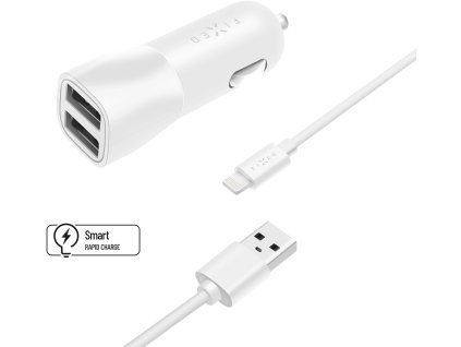 Nabíjačka do auta FIXED s výstupom 2xUSB a káblom USB/Lightning, 1 meter, certifikácia MFI, 15W Smart Rapid Charge, biela