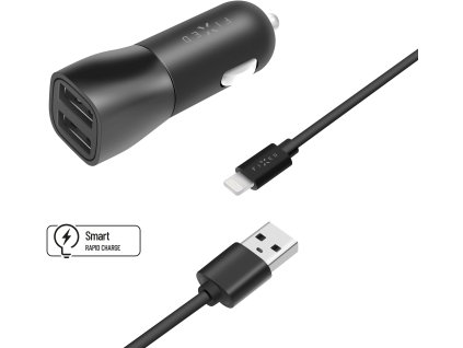 Nabíjačka do auta FIXED s výstupom 2xUSB a káblom USB/Lightning, 1 meter, certifikácia MFI, 15W Smart Rapid Charge, čierna