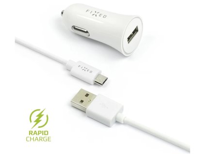 Nabíjačka do auta FIXED s výstupom USB a káblom USB/micro USB, 1 meter, 12 W, biela