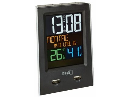 TFA 60.2537.01 - Budík so zobrazením vnútornej teploty a vlhkosti a výstupom USB na nabíjanie mobilných zariadení