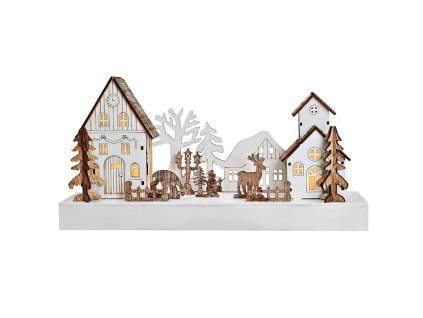 Solight LED vianočná dedinka, 34x17cm, drevo, 4 LED, 2x AA