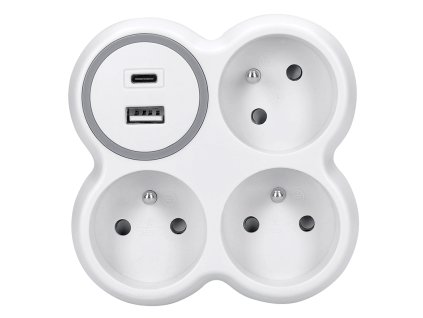Solight hub, 3x 16A, USB nabíjačka A+C, bielo-sivá
