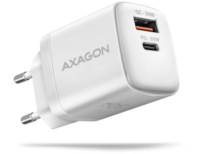 AXAGON ACU-PQ30W, napájacia nabíjačka 30 W, 2x port (USB-A + USB-C), PD3.0/PPS/QC4+/SFC/AFC/Apple, biela