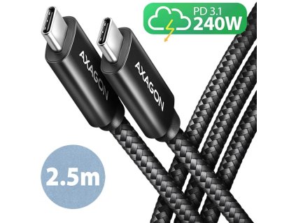 AXAGON BUCM2-CM25AB, CHARGE kábel USB-C <-> USB-C, 2,5 m, Hi-Speed USB, PD 240W 5A, ALU, opletenie, čierny