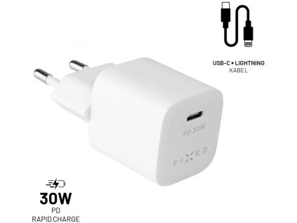 Sada mini sieťovej nabíjačky FIXED s výstupom USB-C a káblom USB-C/Lightning, podpora PD, 1,2 metra, MFI, 30 W, biela