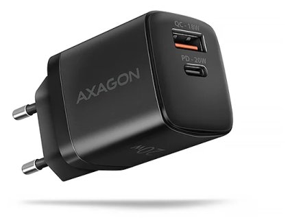 AXAGON ACU-PQ20 ACU-PQ20 AC adaptér 20 W, 2x port (USB-A + USB-C), PD3.0/PPS/QC4+/AFC/Apple, čierny