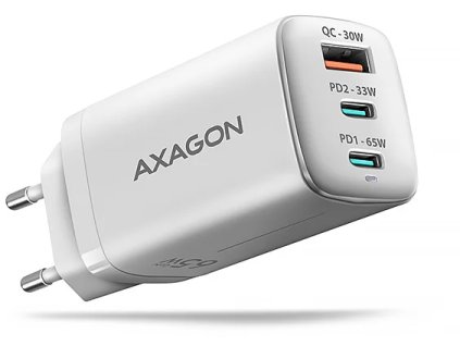 AXAGON ACU-DPQ65W, sieťová nabíjačka GaN 65 W, 3x port (USB-A + dvojitý USB-C), PD3.0/QC4+/PPS/Apple