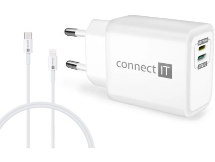 Nabíjací adaptér CONNECT IT DUPLEX 1xLightning + 1×USB-C, 20W, kábel 27W, BIELY