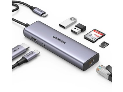 UGREEN 90568 Konvertor portov USB-C/2USB3.0+HDMI+RJ45+SD&TF+PD