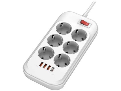 Predlžovací napájací kábel ColorWay, 6x zástrčka, 3x USB-A, USB-C, 36 W, 2 m kábel