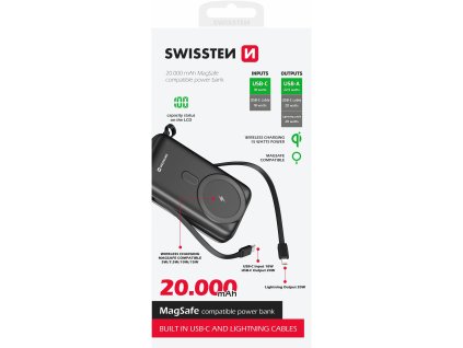 SWISSTEN powerbank 20000 mAh PD 22,5W s integrovanými káblami USB-C A LIGHTNING (kompatibilný s MagSafe)