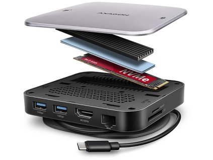 AXAGON HMC-UFO, rozbočovač USB 10 Gb/s, 2x USB-A, USB-C, HDMI 4k/60, RJ-45, slot M.2, SD/mSD, audio, PD