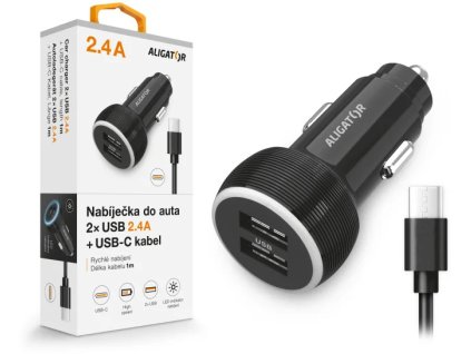 Nabíjačka do auta ALIGATOR s káblom USB-C a výstupom 2xUSB 2,4 A, čierna