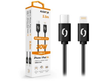 Dátový kábel ALIGATOR POWER 30W, USB-C/Lightning 3A, 2,5 m čierny