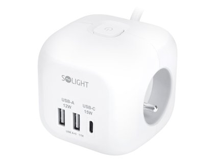 Solight 3z + USB A+C predlžovací kábel - kocka, kábel 2 m, 3 x 1 mm2, biely, vypínač