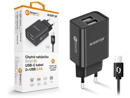 Sieťová nabíjačka ALIGATOR USB-C 2xUSB výstup, 2,4 A, inteligentný IC, čierna