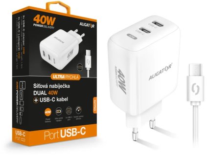 Rýchlonabíjačka ALIGATOR, PD 40W, 2xUSB-C, kábel USB-C/USB-C, biela