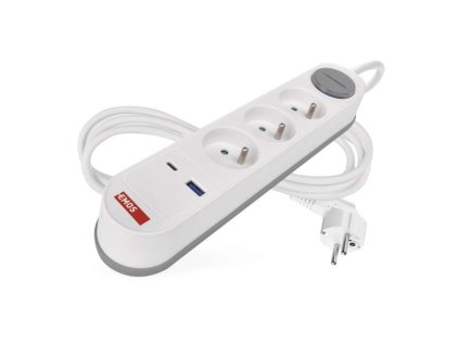 Predlžovací kábel Emos 2 m / 3 zásuvky / s vypínačom / bielo-sivý / 1×USB-A + 1×USB-C / 1,5 mm2