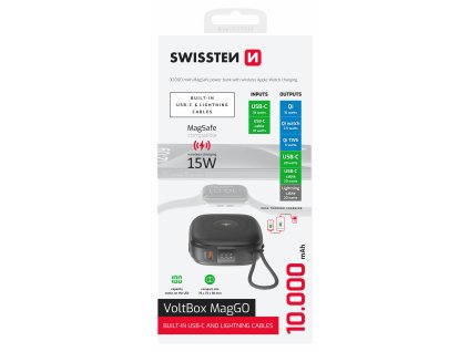 SWISSTEN POWER BANK VOLTBOX MagGO 10000 mAh s integrovanými káblami + MAGSAFE + APPLE WATCH