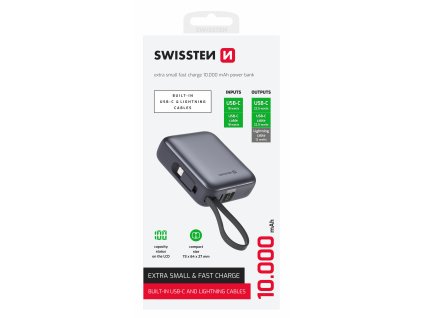SWISSTEN POWER BANK 10000 mAh S INTEGROVANÝM USB-C A SVETELNÝMI KÁBLAMI STRIEBORNÁ STRIEBORNÁ