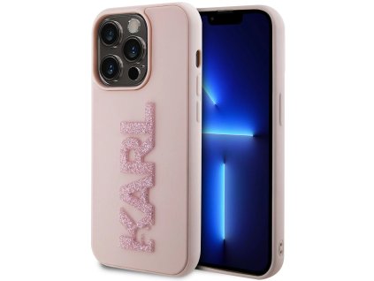 Karl Lagerfeld 3D Rubber Glitter Logo Karl Zadní Kryt pro iPhone 15 Pro Pink